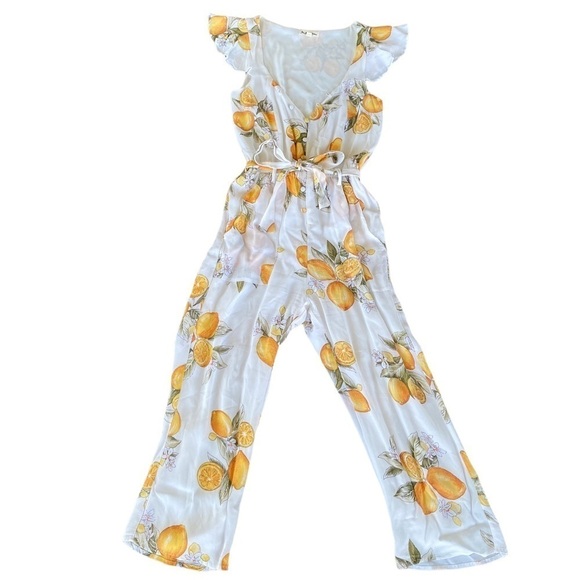 For Love & Lemons Limonada Lemon Crop Jumpsuit Sz XS Flutter Sleeves Belted GUC - Picture 4 of 14
